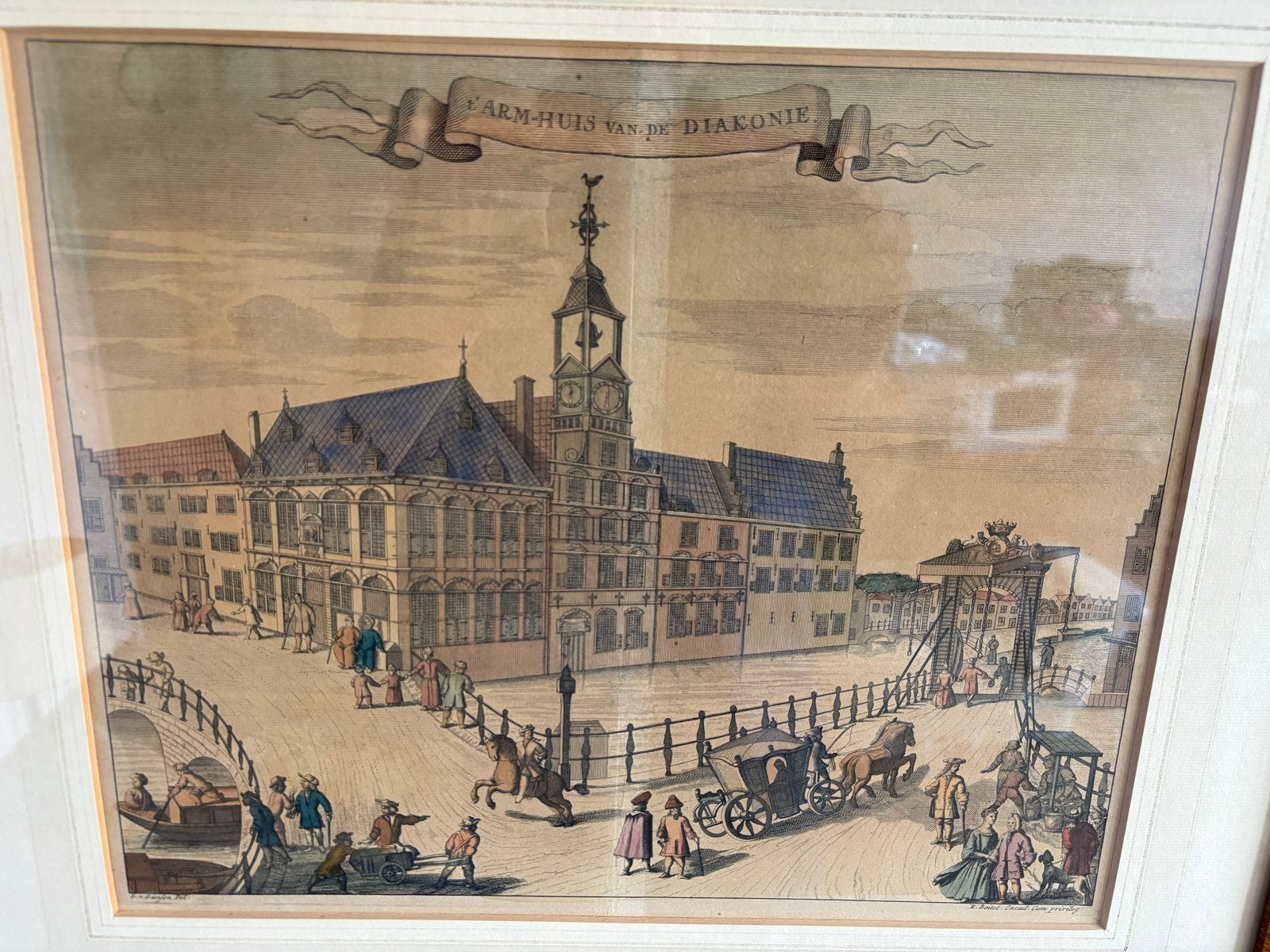 Antieke Ets 't Armenhuis Den Haag, Antiek en Kunst, Kunst | Etsen en Gravures, Handgekleurd, Ets, Stadsgezicht, Ophalen of Verzenden