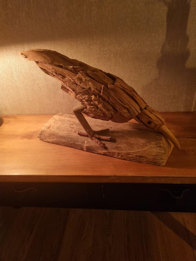 Unieke vogel sculptuur van drijfhout, Ophalen of Verzenden, 20 - 50 cm, Beeld, Hout