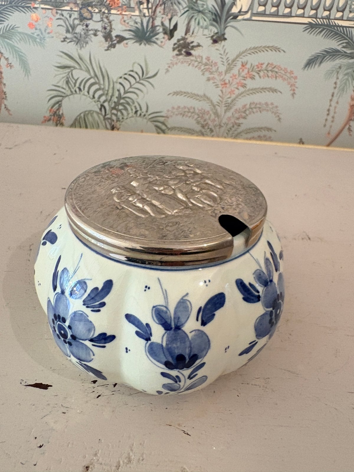 Vintage Delfts Blauw Aardewerken Pot met Metalen Deksel, Ophalen of Verzenden