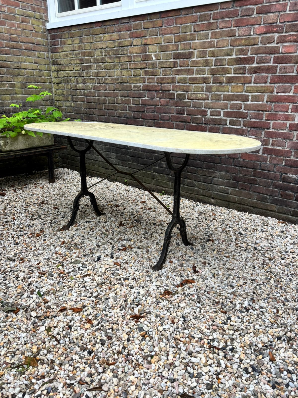 Mooie Franse bistro tafel, gietijzer onderstel, marmer blad, Ophalen, Gebruikt, Rond, Metaal