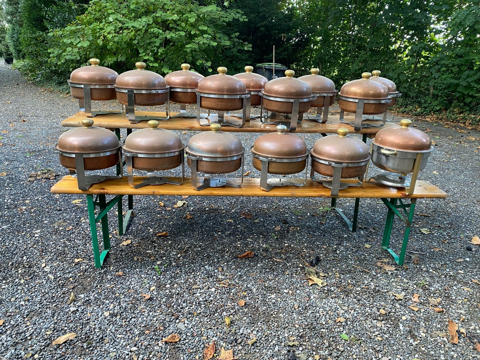 Set van 15 koperen chafing dishes, warmhoudschalen, Ophalen of Verzenden, Metaal, Overige typen, Gebruikt