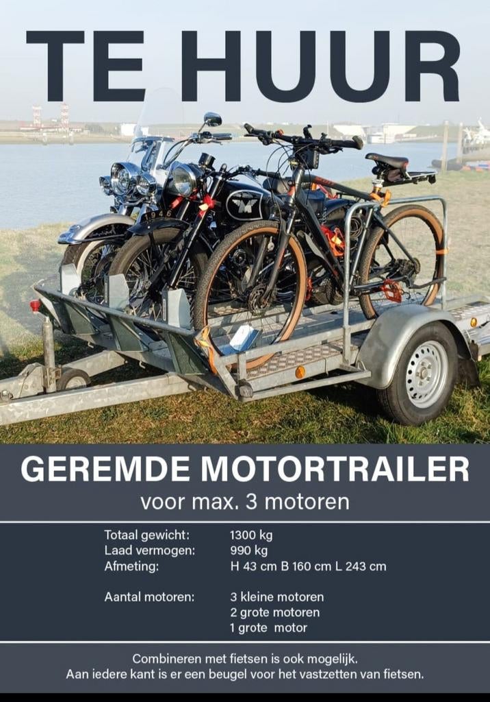 Te huur geremde motortrailer / motor aanhanger