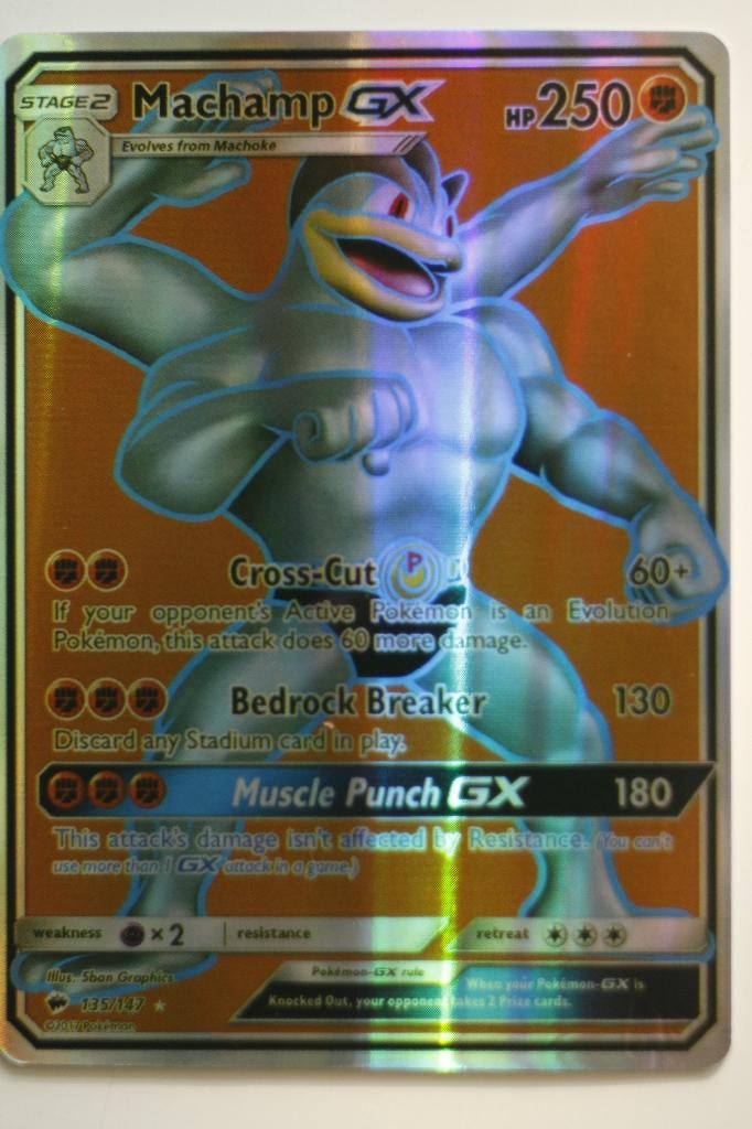 Pokémon 135/ 147 Machamp GX HP 250, Ophalen of Verzenden, Zo goed als nieuw, Losse kaart, Foil