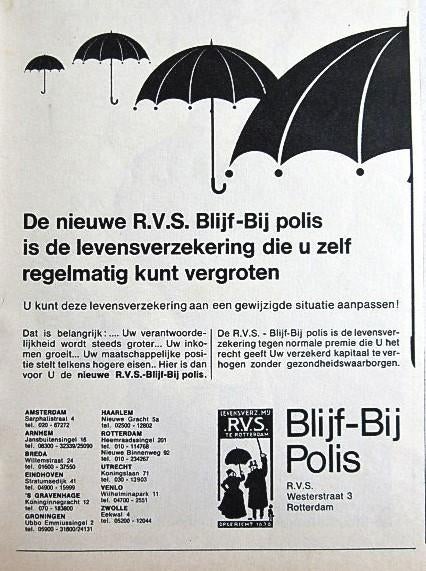 5 vintage advertenties reclames RVS verzekeringen 1965-76, Verzamelen, Ophalen of Verzenden, Gebruikt, Overige typen