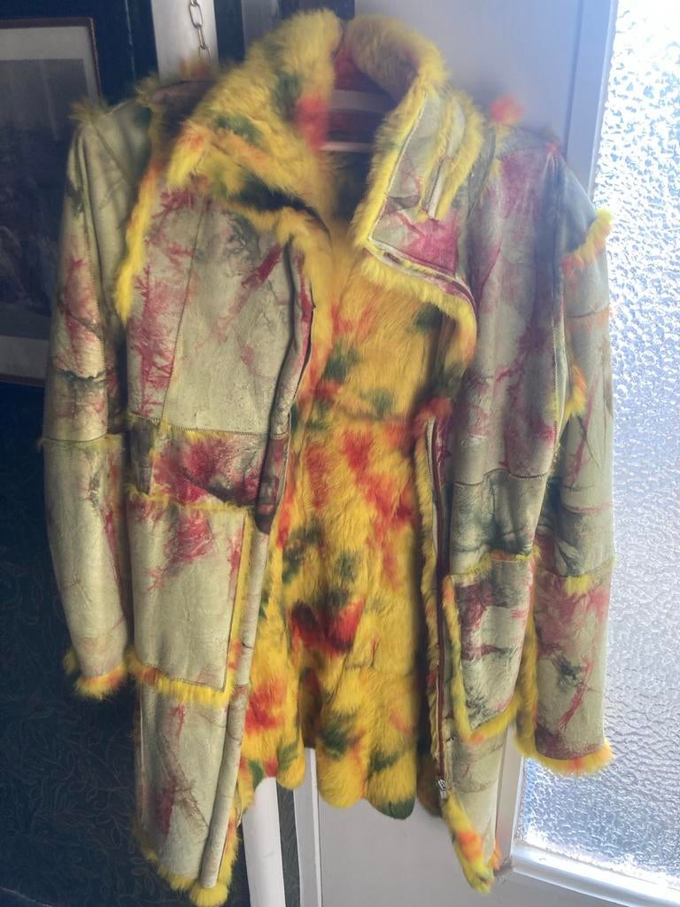 Vintage bontjas met uniek design, Ophalen of Verzenden, Gedragen, Maat 38/40 (M), Geel