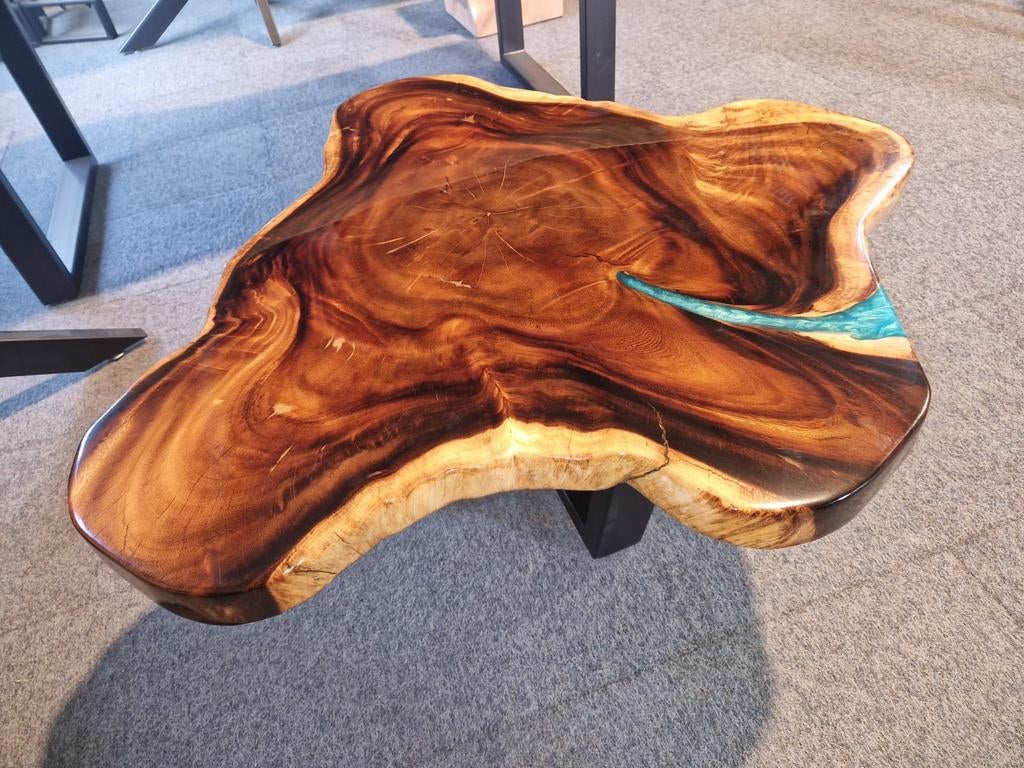 suar salontafel met epoxy turquoise 110 cm met epoxy toplaag, Industrieel suar interieur, Info@industrieel-suar-interieur.nl, Rond