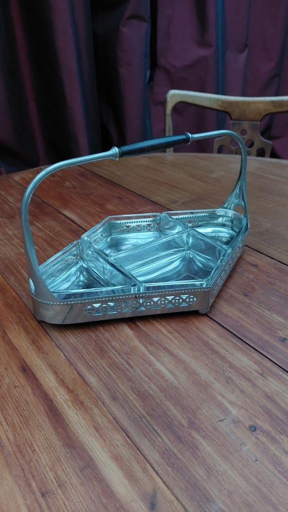 Antieke art deco verzilverde etagère met vier glazen bakjes, Antiek en Kunst, Ophalen