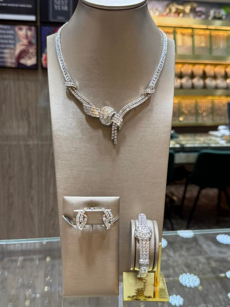 Collier, Armband, Oorbellen met diamanten - 18KT Wit goud