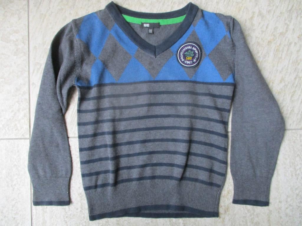 WE pullover trui grijs met blauw maat 110 / 116 truitje, WE, Trui of Vest, Ophalen of Verzenden, Zo goed als nieuw