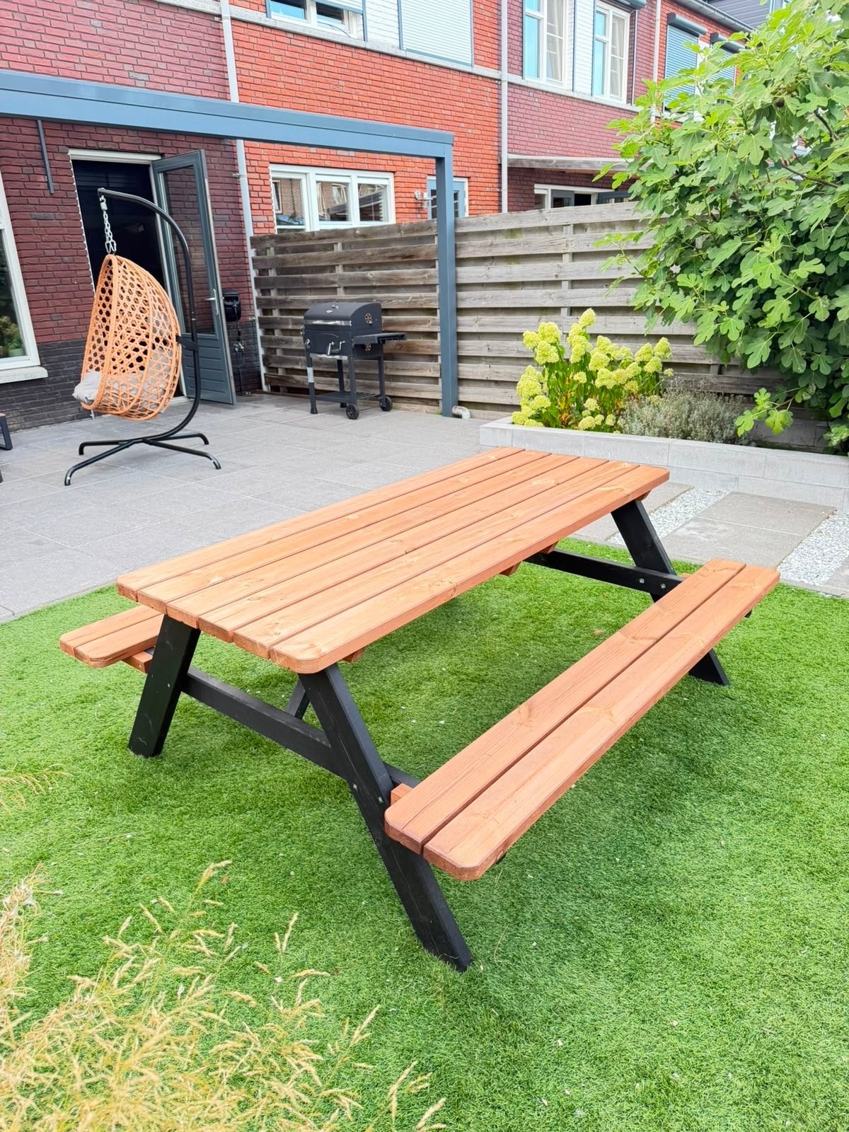 Houten tuintafel met banken voor 6 personen, Tuin en Terras, Ophalen, Gebruikt, Rechthoekig, Hout