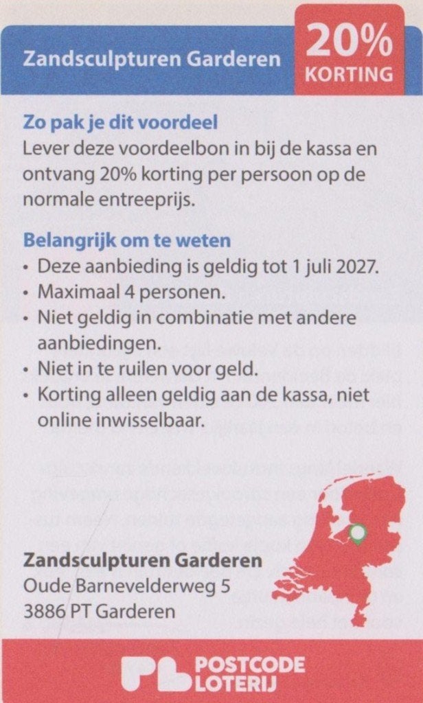 Zandsculpturen Garderen 20% korting. Postcodeloterij bon., Drie personen of meer, Kortingskaart