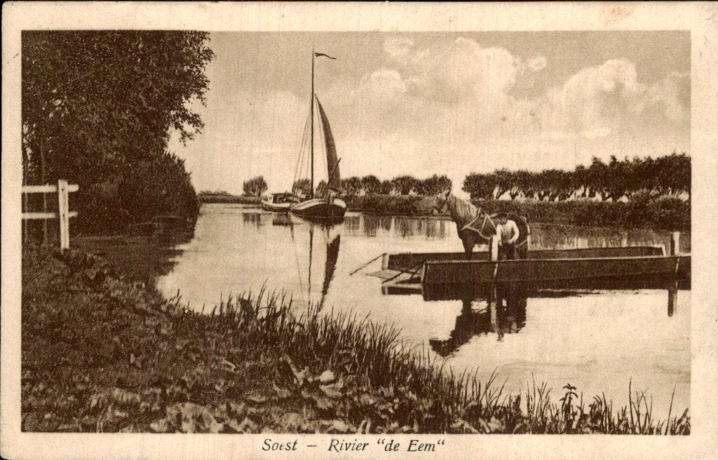 Soest - Rivier de Eem - Zeilboot en paard, Ophalen of Verzenden, 1920 tot 1940, Gelopen, Utrecht