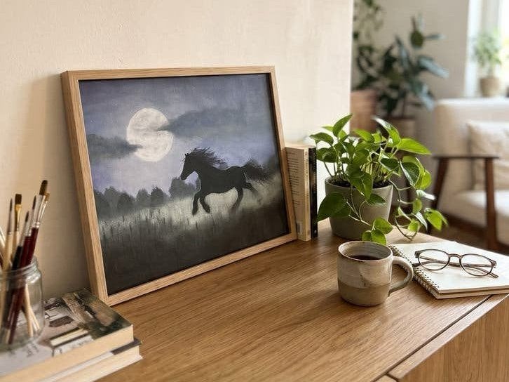 Schilderij 30x24cm : Galopperend paard onder volle maan, Acrylverf, Handgeschilderd, Ophalen of Verzenden, Dieren