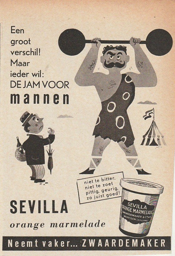 Retro reclame 1952 Sevilla Zwaardemaker circus gewichtheffer, Verzenden, Overige typen