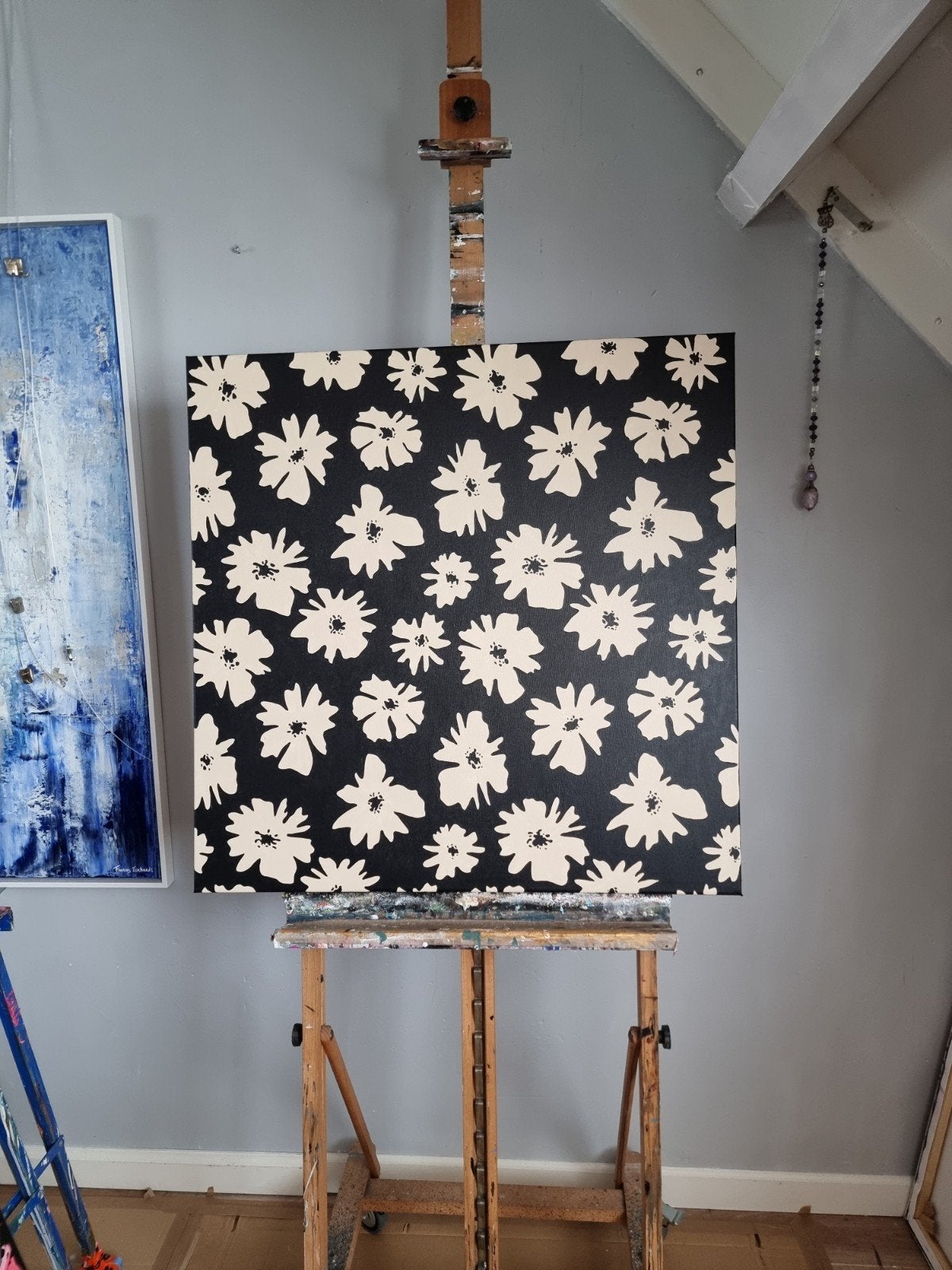 Handgeschilderd bloemen schilderij 80x80, Huis en Inrichting, Lampen | Lampenkappen, Ophalen of Verzenden, Vierkant