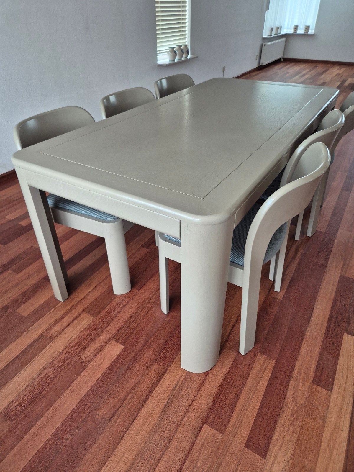 Vintage eettafel met 6 stoelen, Ophalen, Gebruikt, Rechthoekig, 50 tot 100 cm