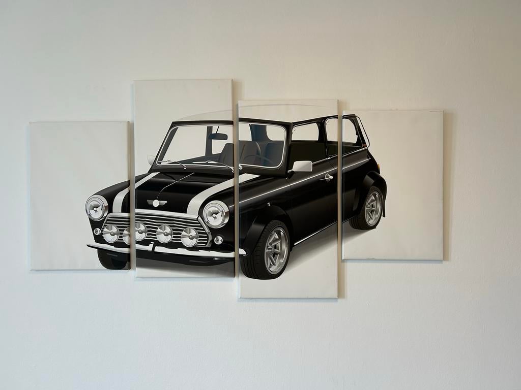 Mini Cooper Canvas Kunst - 4-delig Schilderij, Huis en Inrichting, Woonaccessoires | Schilderijen, Tekeningen en Foto's, Zo goed als nieuw