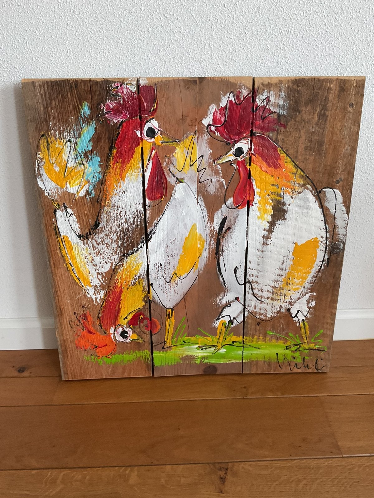 Leuk schilderij met 3 kippen, handgeschilderd op steigerhout, Ophalen
