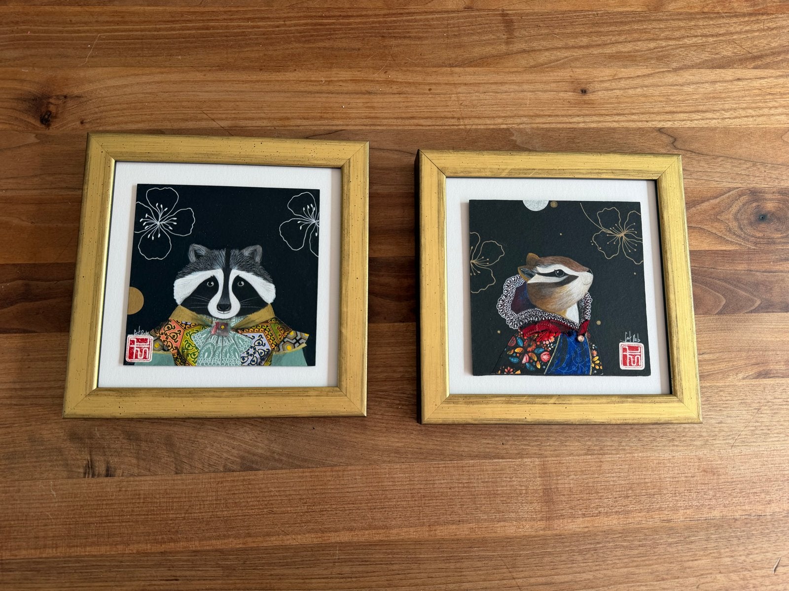 Set van 2 ingelijste schilderijen: Wasbeer en Eekhoorn, Ophalen, Doek, Realistisch, Dieren