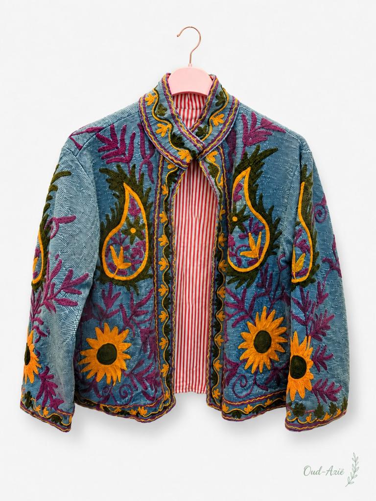 Geborduurde Jasje, India, met Bloemen en Paisley Patroon, Bohemian, Verzenden, Nieuw, Blauw