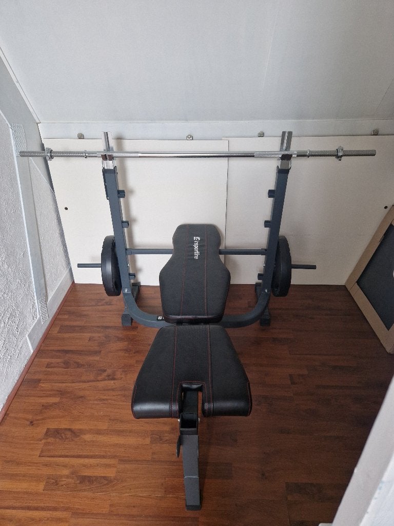 bench press + toebehoren + stangen + gewichten(standaard), Ophalen, Gebruikt, Benen, Fitnessbank