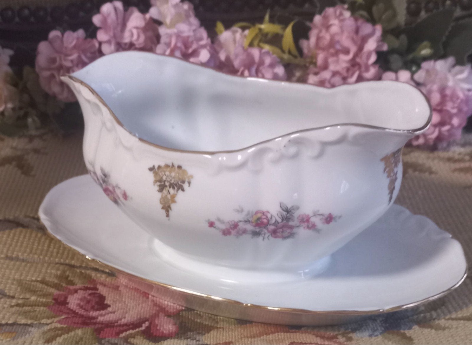 Mooie brocante sauskom, vaste schotel, roze bloempjes, Bavar, Ophalen of Verzenden