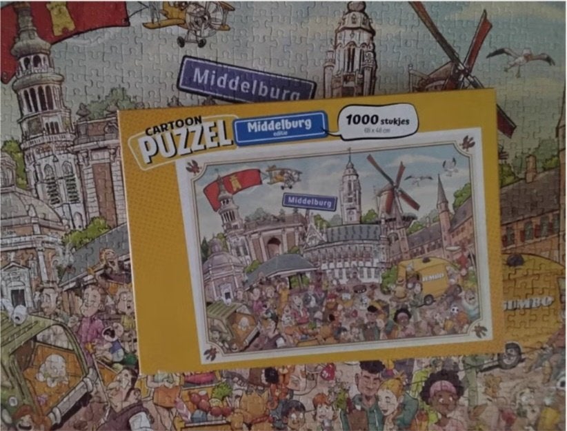Cartoon puzzel Middelburg, Hobby en Vrije tijd, Ophalen, 500 t/m 1500 stukjes, Zo goed als nieuw, Legpuzzel