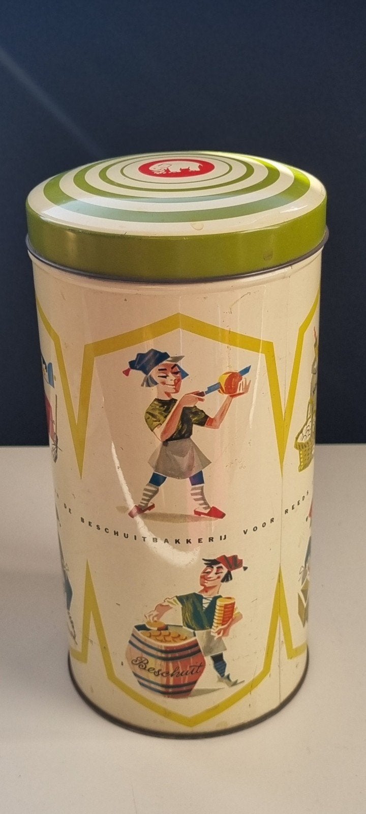 Vintage Bolletje Beschuitbus met vrolijke bakkers, Ophalen, Gebruikt, Beschuit
