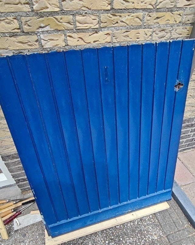 Blauwe buitendeur in 2 delen met glas, Ophalen, Gebruikt, 80 tot 100 cm, Buitendeur