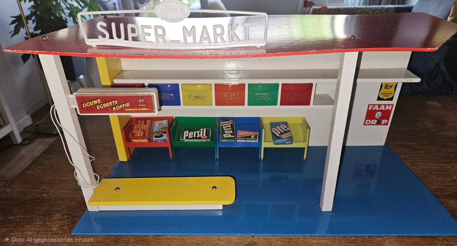 Vintage Houten Speelgoed Supermarkt met Reclamebord 0kwa, Ophalen of Verzenden