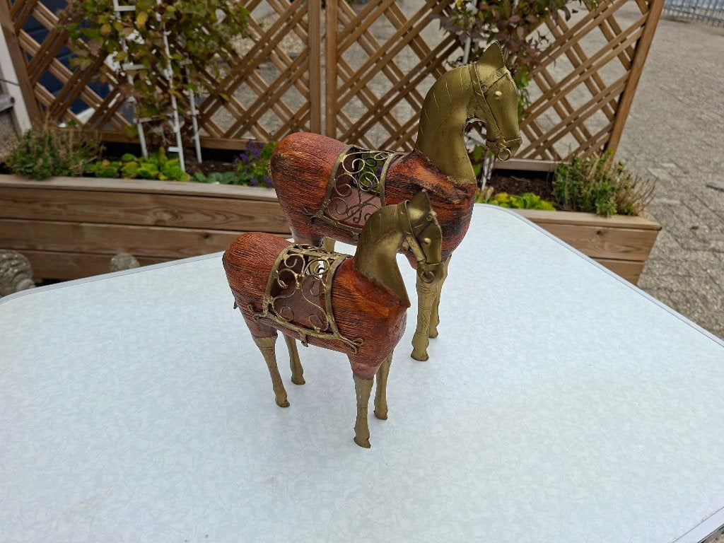 set antieke houten handgemaakte paarden beelden met messing, Ophalen of Verzenden, Houtsnijwerk