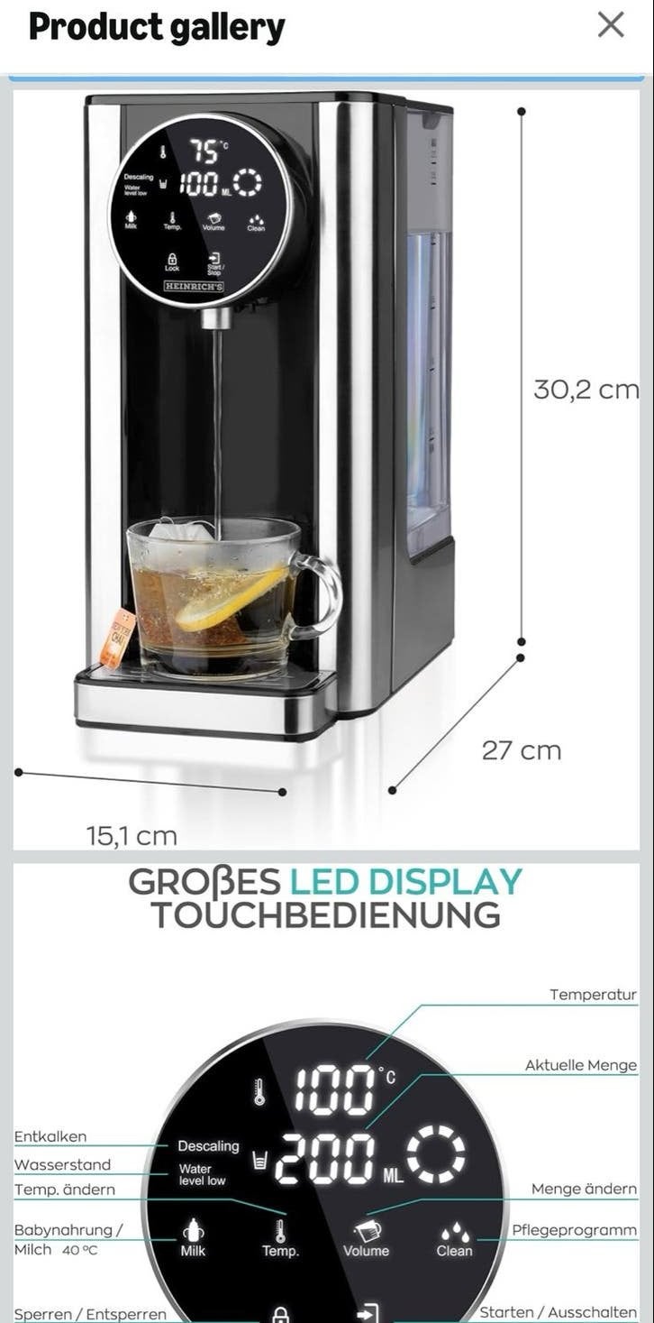 Heinrich's Instant Heetwaterdispenser - Zwart/RVS, 2 liter of meer, Ophalen of Verzenden, Gebruikt, Rvs