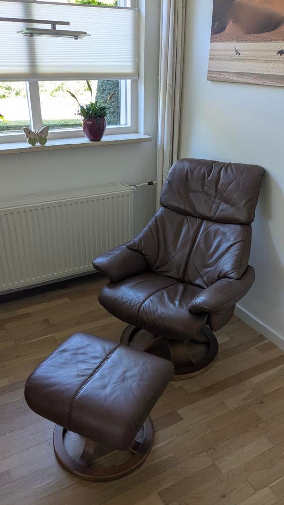 Lederen relaxstoel met voetenbank - Bruin, Ophalen, Gebruikt, Bruin, Leer