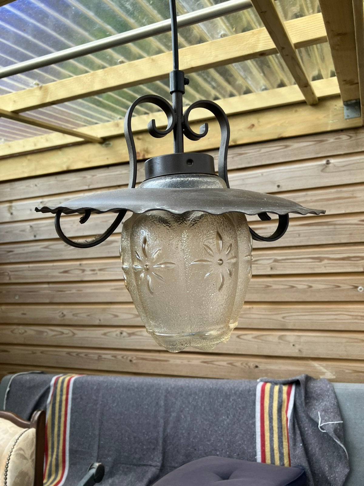 Rustiek vintage hanglampje met geel glas koper, Ophalen, Gebruikt, Glas