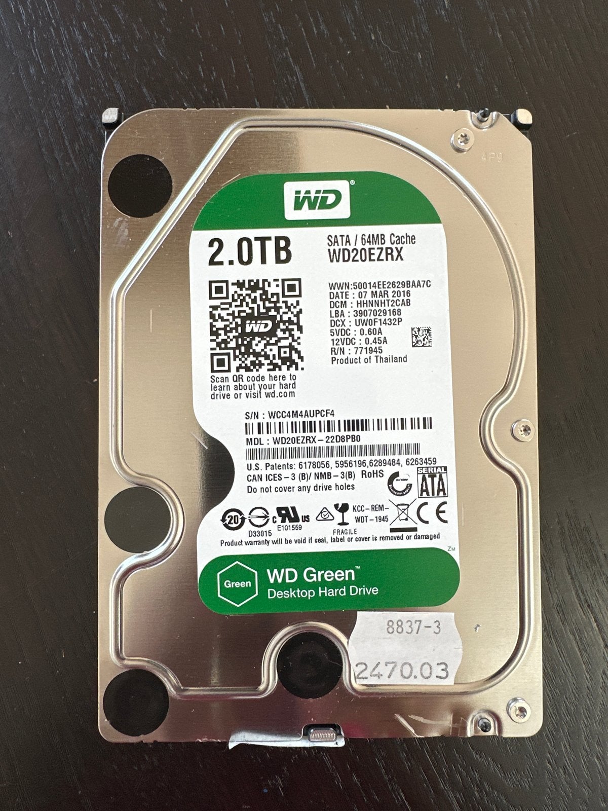 WD Green 2TB Interne HDD voor Desktop - WD20EZRX, Ophalen, Intern, Gebruikt, Desktop