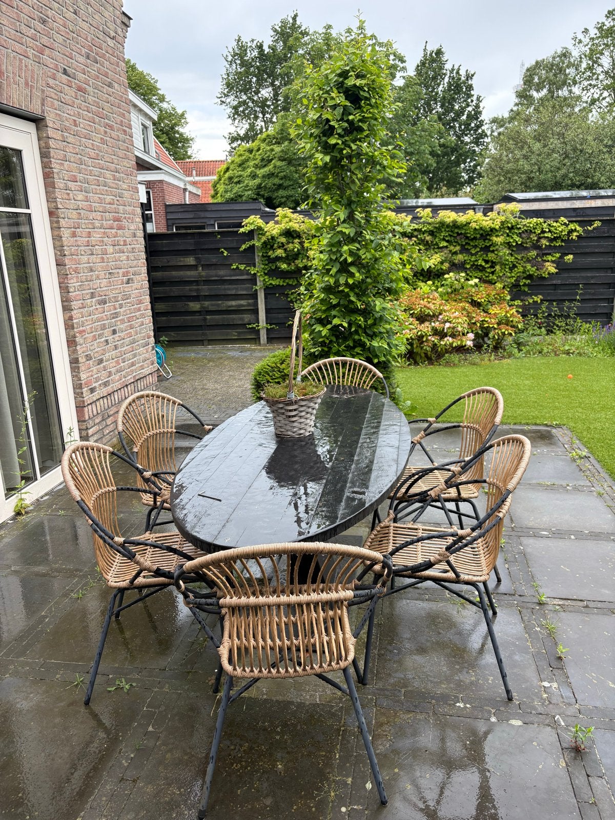 Massief eiken all-weather tuintafel incl 6 tuinstoelen, Ophalen, Gebruikt, Ovaal, Hout