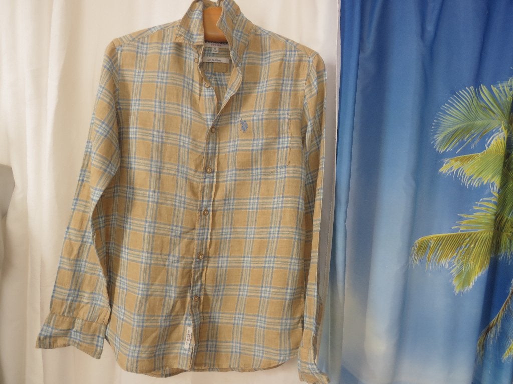 linnen overhemd beige blauw wit ruit mt s us polo assn, Blauw, Halswijdte 38 (S) of kleiner, Ophalen of Verzenden, Gedragen