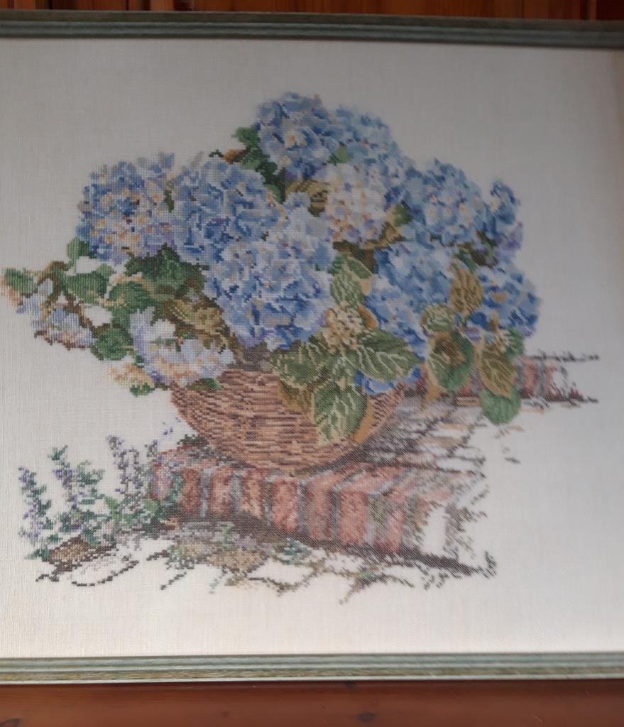 Geborduurd schilderij Hortensia's, Ophalen, Zo goed als nieuw, Overige typen