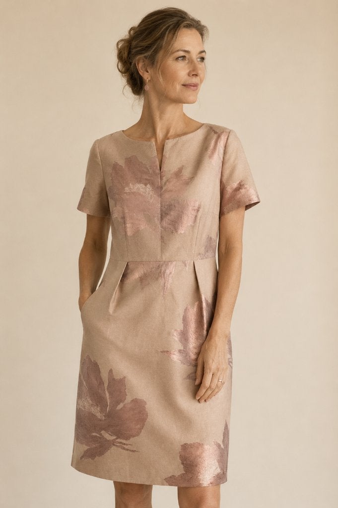 Natan jurk EU42 zachtroze metallic bladeren katoen feest, Kleding | Dames, Verzenden, Maat 42/44 (L), Zo goed als nieuw, Knielengte