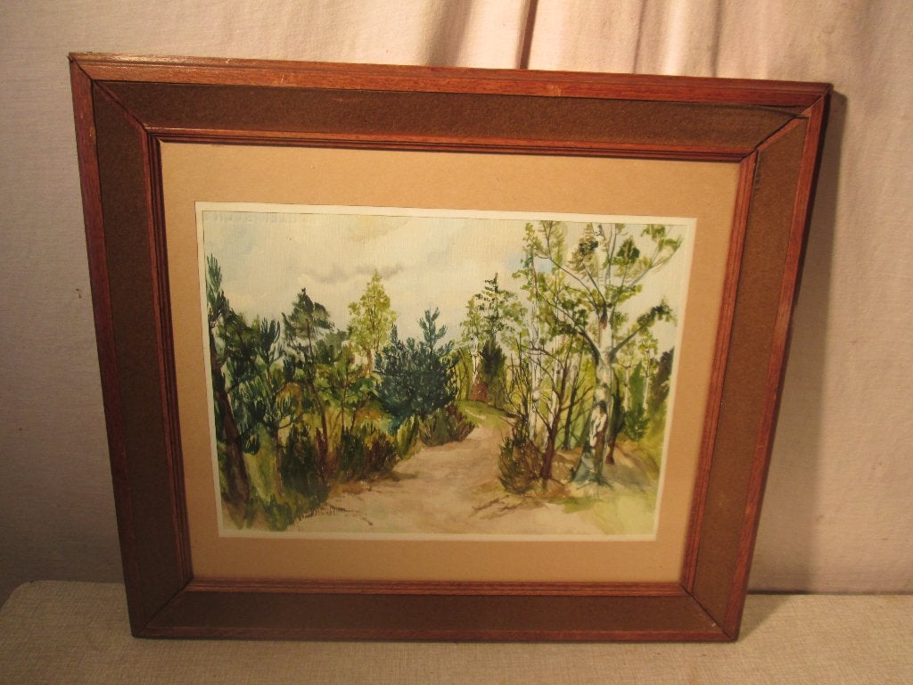 Mooi Geschilderd Aquarel 'Pad door het Bos' - 51x46, Gesigneerd, Ophalen of Verzenden, Landschap, Aquarel