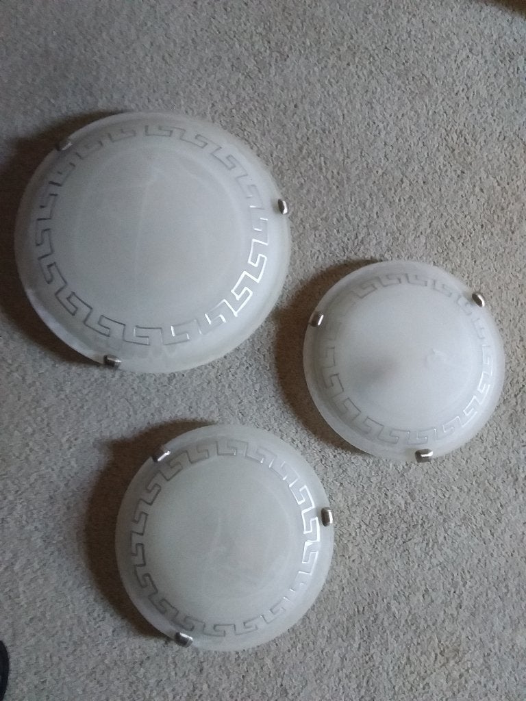 Set van 3 Plafondlampen - Wit Glas met Grieks Patroon, Gebruikt, E14 (klein), Ophalen of Verzenden, Wit