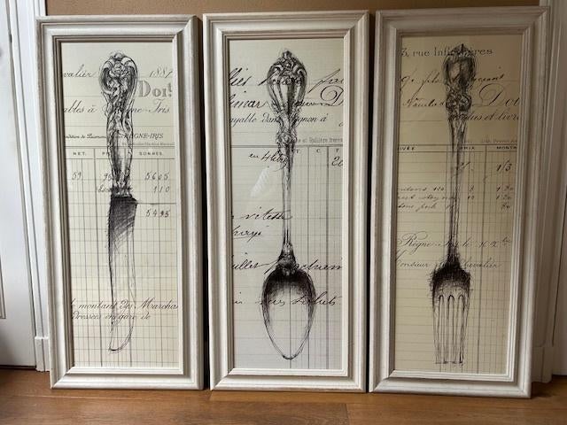 Keuken decoratie Mes Lepel Vork (illustraties in lijst), Ophalen, Zo goed als nieuw, Hout