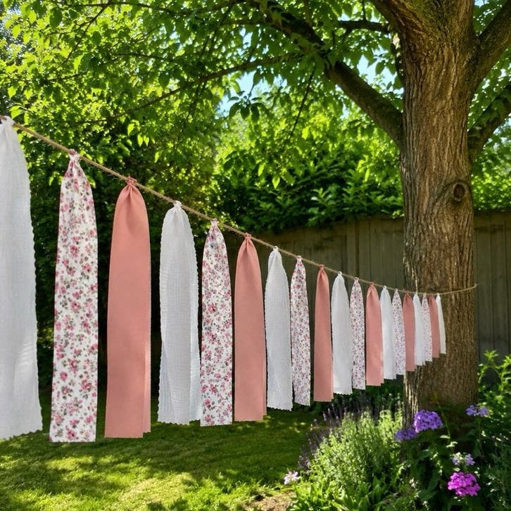 Oudroze stoffen slinger | 6m | oudroze, wit & wit met bloem, Hobby en Vrije tijd, Feestartikelen, Ophalen of Verzenden, Nieuw