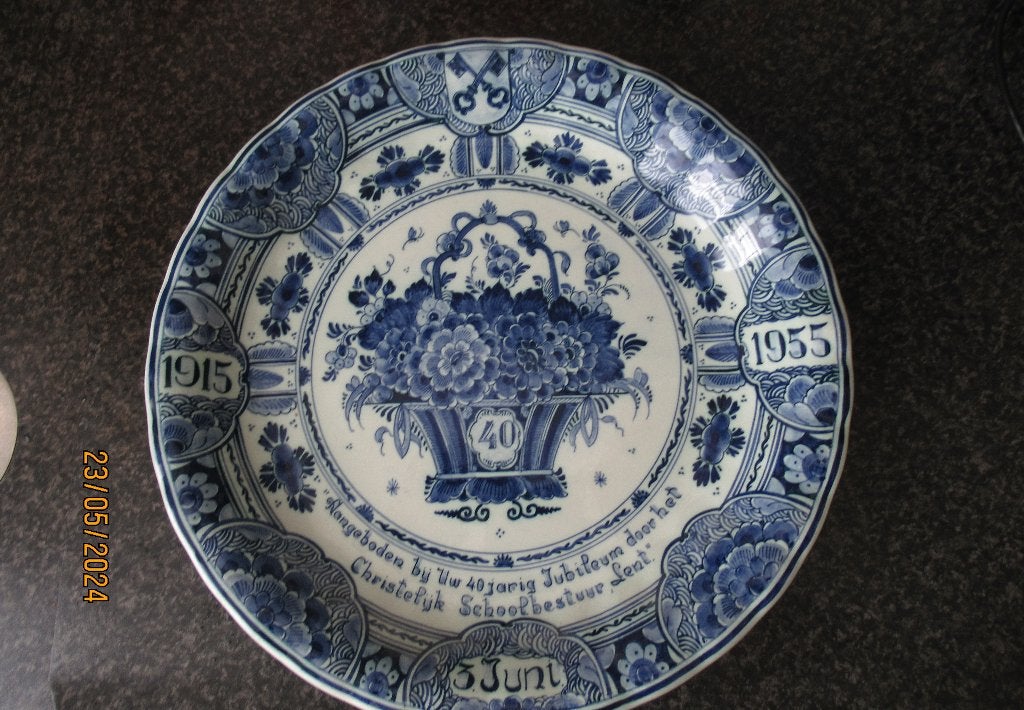 DELFTS BLAUW BORD-RAM- 40JARIG JUBILEUM LENT- 1915-1955, Ophalen of Verzenden