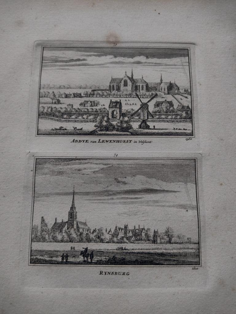 073/074 Rijnsburg Abdij Leeuwenhorst Kopergravure 18e Eeuw, Antiek en Kunst, Ophalen of Verzenden