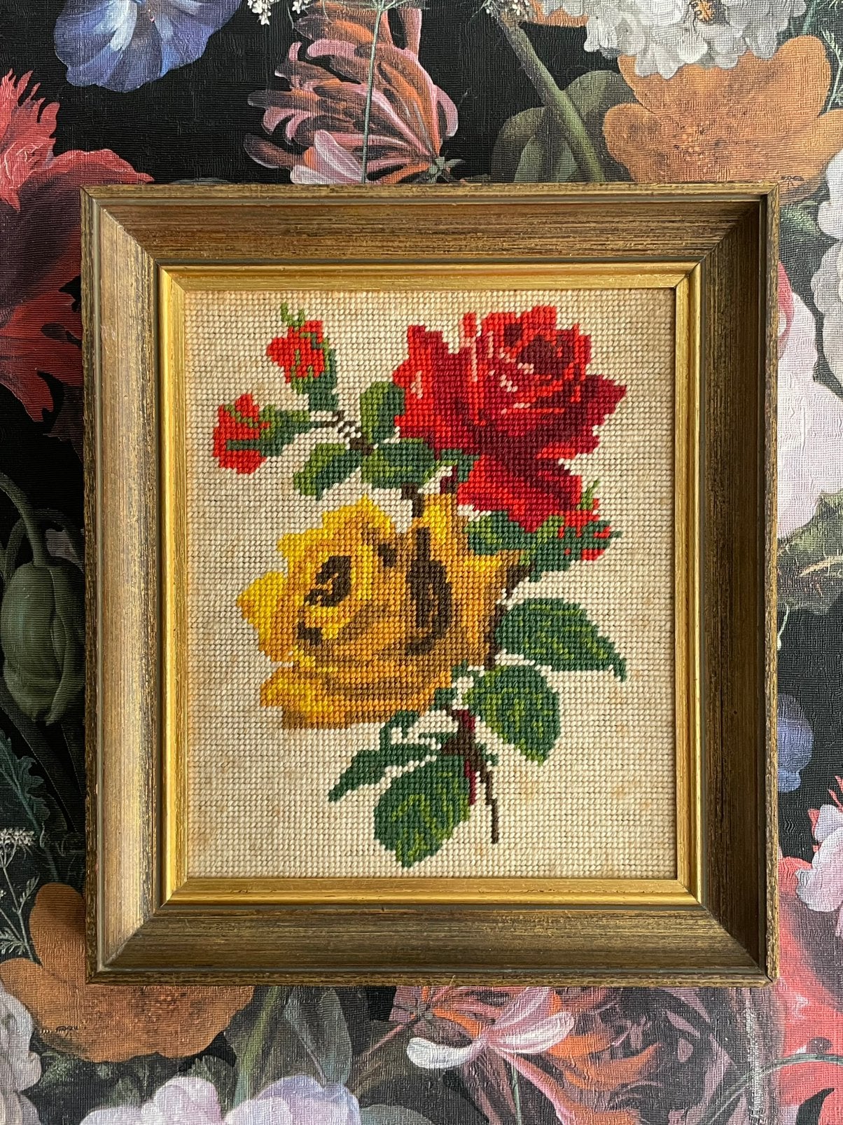 Vintage Chic Geborduurde Schilderij 🧡🩷, Minder dan 50 cm, Gebruikt, Ophalen of Verzenden, Schilderij