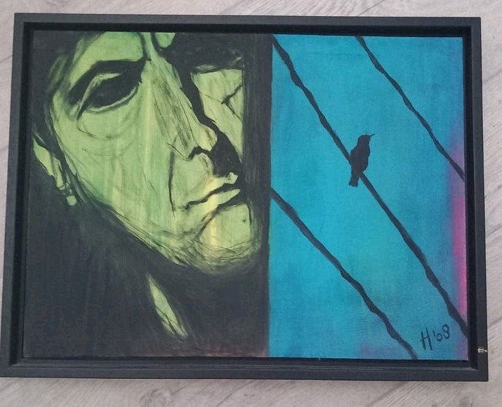 Schilderij Lennard Cohen🖌🎨 🐦‍⬛"Bird on a Wire, Ophalen