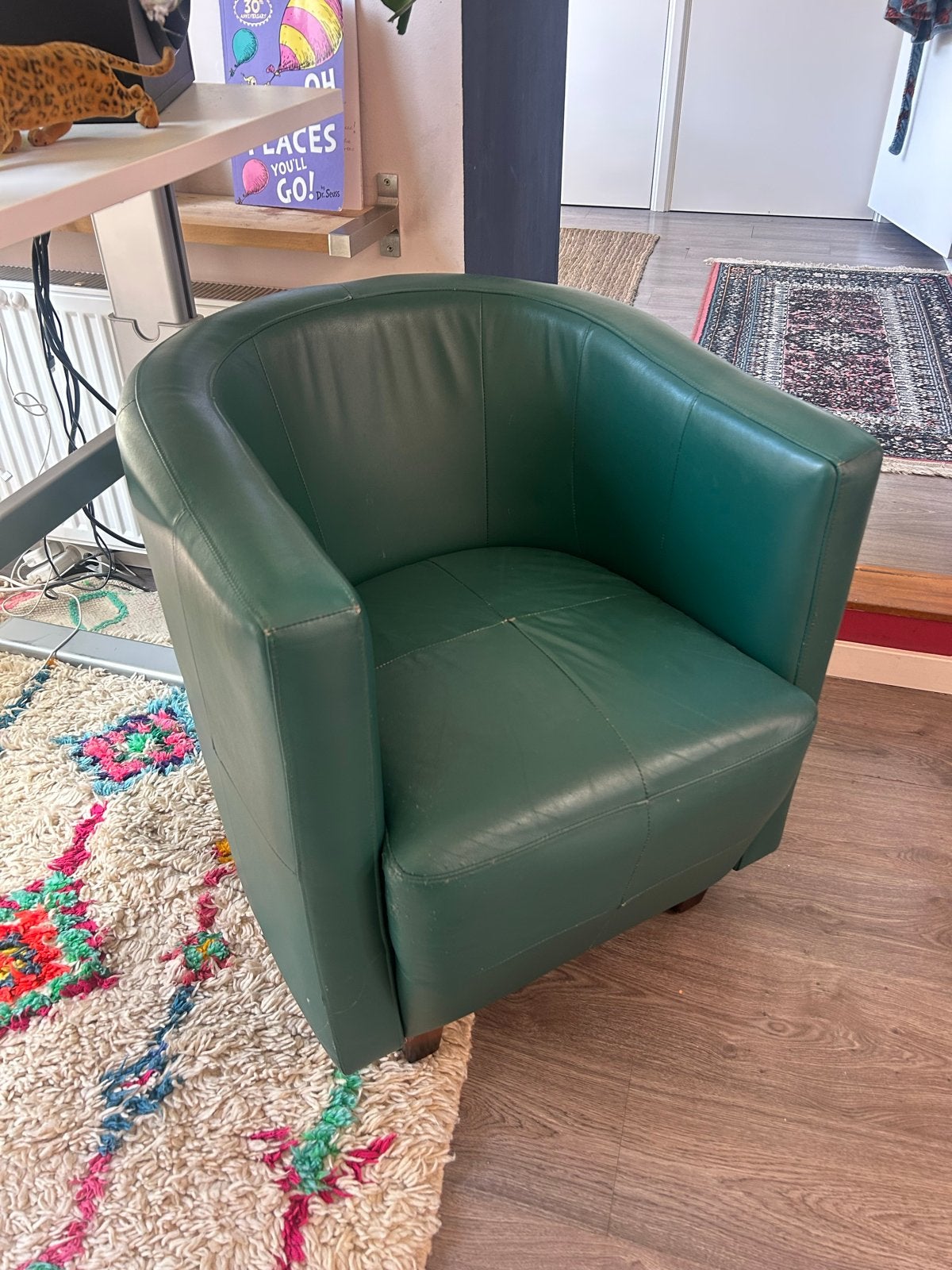 Groene leren fauteuil - Comfortabele kuipstoel, Ophalen of Verzenden, Gebruikt, Leer, 75 tot 100 cm