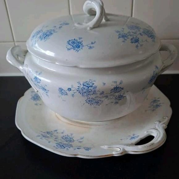 Antieke soepterrine met schaal, blauw bloemmotief, Ophalen of Verzenden