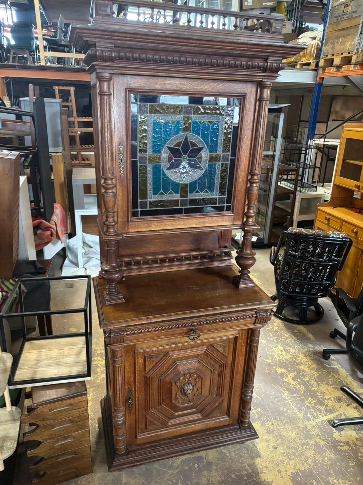 Antieke wandkast met glas&lood - 55x95x230H, Ophalen of Verzenden